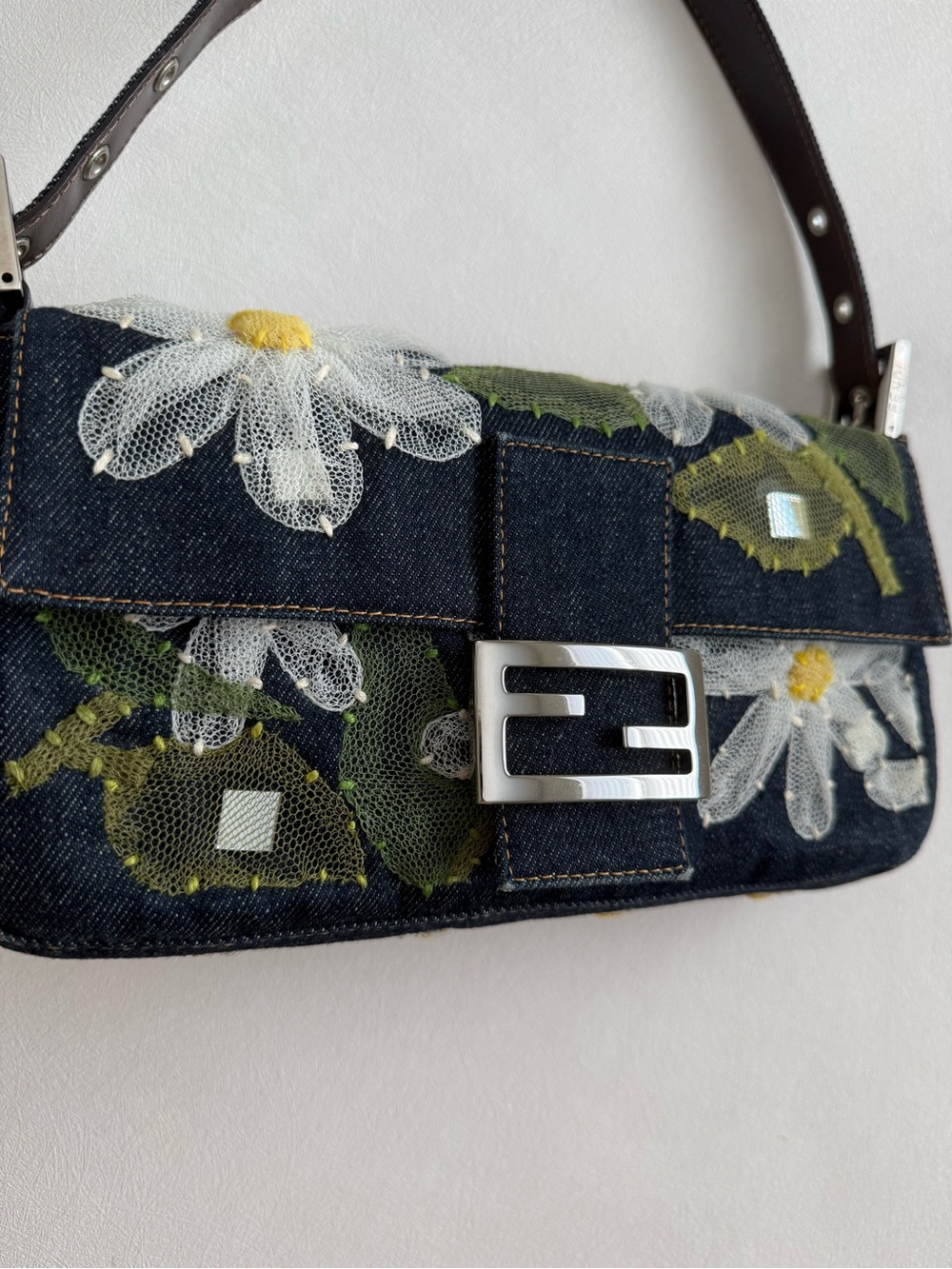 Vintage Fendi Floral Embroidered Denim Baguette Shoulder Bag - Picture 3 of 8